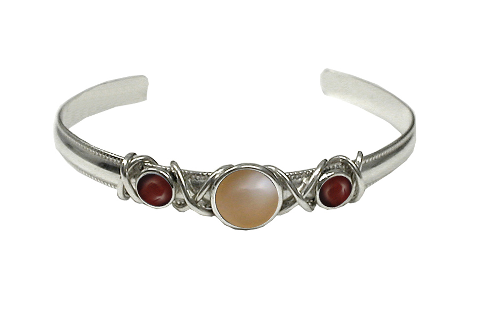 Sterling Silver Hand Made Cuff Bracelet With Peach Moonstone And Red Tiger Eye